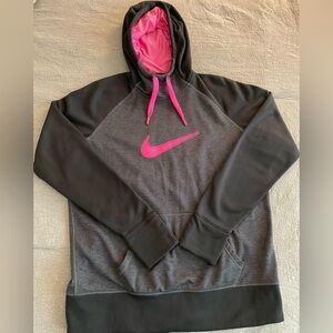 Y2K Nike Therma-Fit Hoodie Gray & Black w/Pink logo; Thumb Holes Size XL